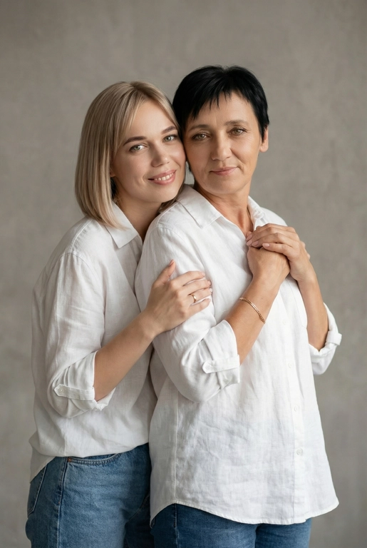 Используй эти два фото мамы и дочери и создай для них студийный портрет в чистом и элегантном стиле. Они стоят рядом, очень близко друг к другу. Дочь мягко обнимает маму за руку и слегка к ней прижимается со спины. Мама сложила руки перед грудью. Образ минималистичный, современный и стильный. На руке у матери тонкий золотой браслет. Профессиональный макияж и прическа.  Не менять черты лица ни на 1 процент. Фон — нейтральный серый с мягкой текстурой. Освещение рассеянное, мягкое, подчёркивающее естественные тона кожи. Атмосфера тёплая, нежная и спокойная, в стиле журнальной съёмки. Обе в свободных стильных белых рубашках с подвернутыми рукавами и джинсах.
