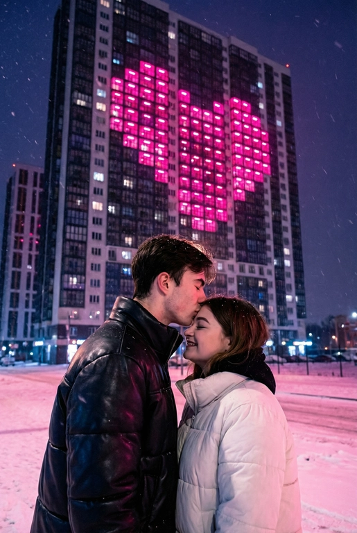  Создай не меняя черты лица. Романтический снимок пары, стоящей на заснеженной городской улице поздним вечером. Главный объект – крупный план пары: мужчина в черной кожаной дутой зимней куртке нежно целует женщину в белой дутой куртке в лоб, она стоит с прикрытыми глазами, улыбаясь. За ними возвышается массивный современный жилой небоскреб, на фасаде которого окна на нескольких этажах подсвечены ярким  светом, формируя огромное пиксельное сердце. Освещение драматичное, контрастное, с преобладанием холодных тонов в небе и тёплого, неонового розового свечения от здания. Снег на земле отражает свет. Урбанистическая, зимняя, кинематографическая фотография, атмосферный кадр.