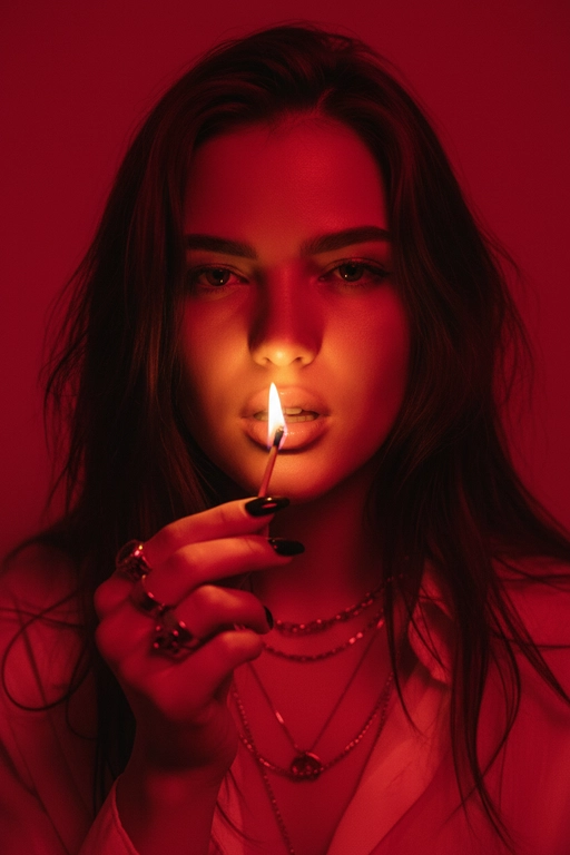 Используйте черты лица, как на прилагаемой фотографии.
смелый, кинематографичный портрет женщины, залитой темно-красным светом, которая подносит к губам зажженную спичку. Теплый отблеск пламени подчеркивает ее блестящие губы и создает эффектный отблеск на коже.
ее выражение ее лица напряженное и пленительное, обрамленное взъерошенными волосами, которые свободно ниспадают на лицо. На ней светлая рубашка и многослойные украшения, в том числе металлическая цепочка и крупные кольца. На ее длинных черных ногтях отражаются едва заметные блики света, усиливая мрачную, чувственную атмосферу. Красный фон и сдержанные тени придают глубину и визуальное напряжение, создавая эффектный образ в редакционном стиле.

Настройки камеры: iso 400, диафрагма f/2.0, выдержка затвора 1/160 сек, объектив 85 мм, ручная фокусировка, баланс белого 2800k, коррекция экспозиции -0,3 ev, подсветка одиночным пламенем с красной заливкой, минимальная зернистость, кинематографическое высококонтрастное освещение с плавными тональными переходами.