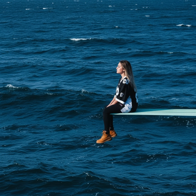 a square-format album cover scene of alone subject [person in the image] sitting in relax profile on a very tip of a white spring diving board that just in from frame right over a vast ocean no horizon or land visible only layered layer choppy wave felling the frame; subject where's an oversized black and white athletic, jersey black pants timberland land brown boots; composition matches precisely the subject is placed on the right third camera at eye level three quarter profile facing frame left with chin slightly lifted leg dangling hands resting on the kness and the diving board nearly horizontal as a clean leading line; see color tones are dominant with specific; deep indigo base with Prussian blue mid-tons, teal cyan highlights on waves crests, cool slight blue shadows and near black black through with subtle silver specular glints overall cool blue hour pallette lightning is soft.