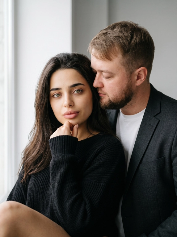 Не меняя черты лица, студийная fashion-съемка пары в минималистичном интерьере с серо-белым фоном, атмосфера гламура и интимной близости, ракурс — крупный портрет по грудь с легким поворотом корпуса, женщина на переднем плане, мужчина позади склоняется к её плечу, поза — она слегка отвернута от камеры с прямым взглядом, он касается лицом её шеи/плеча, одежда — на женщине черный корсет/бандо с открытыми плечами, на мужчине классический черный пиджак и рубашка, макияж — glam (ровный сияющий тон, сильный хайлайтер, четкий контуринг, стрелки, густые ресницы, глянцевые губы), свет — жесткая фронтальная вспышка + мягкий заполняющий свет, выраженные тени позади, эффект flash photography / editorial, холодно-нейтральная цветокоррекция с контрастом и глянцем кожи, высокая детализация, slight film grain, shallow depth of field, съемка на Canon EOS R / 50mm, f/2.0, direct flash, studio look.