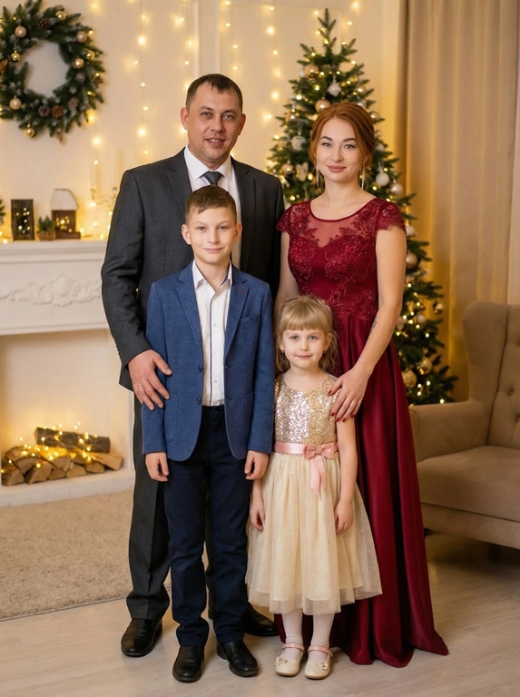   Создать семейный портрет. Схожесть лиц 100%. Не меняя ни на 1% черты лица. На фото 4 человека. Папа, мама, сын, дочь. Люди на фото одеты в красивую, праздничную одежду.