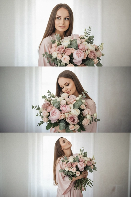 Не меняй черты лица, оставь их точь в точь как на загруженном фото, в том числе макияж и волосы.
Композиция из триптиха изображает женщину дома с цветами
На ней свободная пижама кимоно в пол нежно розового цвета.

На верхнем кадре портрет крупным планом, женщина смотрит в камеру лицо боком в руках у неё огромный букет. На заднем плане светлая стена размыты.

На центральном кадре сверхкрупный план, та же девушка, ее голова слегка наклоненная вперед, она принюхивается к букету, ее глаза закрыты, на лице легкая улыбка.  Кадр снятый с очень близкого расстояния, видно только часть огромного букета и лица  

На нижнем кадре портрет крупным планом изображена всё та же женщина, голова запрокинута вверх глаза закрыты, прижимает все тот же огромный букет к груди

Цветовая палитра приглушена, с нежными розовым, белым
Общий стиль наводит на романтику. Присутствует видимая зернистость.  Букет цветов - разные цветы
