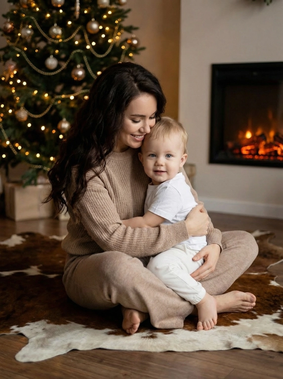   Молодая женщина европейской внешности и маленькая девочка, сидящие на полу, обнимаются в теплой рождественской обстановке. Женщина, приблизительно 30 лет, с длинными темными волнистыми волосами, одета в светло-коричневый свитер и брюки. Она обнимает маленького мальчика, около 1 года, со светлыми волосами, который одет в белую футболку и белые. Оба улыбаются. Мальчик смотрит в камеру, а женщина в сторону ребенка. Они сидят, скрестив ноги, на полу из дерева, на ковре в форме шкуры коровы. Позади них — украшенная рождественская елка с гирляндами и огнями. Справа — камин с огнями. Свет исходит от огней на елке и камине, создавая теплую и уютную атмосферу. Композиция вертикальная, перспектива – средний план, подчеркивает близость и теплоту отношений между матерью и дочерью. Преобладающие цвета – теплые оттенки коричневого, золотистого и зеленого.