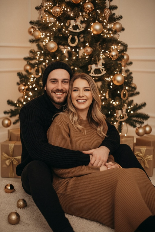 Используй предоставленные изображения и создай фото из домашней новогодней фотосессии. Не меняйте черты лица. . В кадре мужчина и женщина, они сидят на полу в обнимку, улыбаются и смотрят в камеру. Мужчина обнимает женщину сзади за талию. На женщине надето вязаное длинное платье с длинными рукавами. На мужчине вязаный свитера и штаны. На заднем плане стоит наряженная елка с игрушечными шарами, игрушечными лошадками, игрушечными подковами. Под елкой разложены подарочные коробки, перевязанные золотыми лентами. Рядом с парой лежат несколько елочных игрушек как на елке. Фотография выполнена в теплой цветовой гамме. Атмосфера уютная и праздничная. Цвет платья девушки- коричневый, цвет свитера и штанов мужчины - черный.