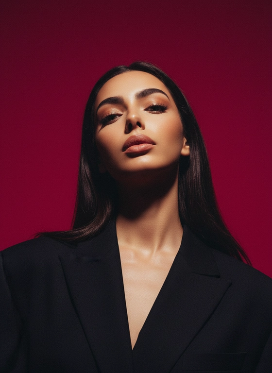 Создай портрет, используя те же черты лица (на основе загруженного фото), характеризующийся резким кинематографическим освещением и интенсивным контрастом. Снятый с немного нижнего ракурса, направленного вверх, что подчеркивает линию подбородка и шеи модели, этот портрет производит впечатление доминантности и скульптурной элегантности. Фон — глубокий, насыщенный малиново-красный, создающий яркий визуальный контраст со сияющей кожей модели и темной одеждой.