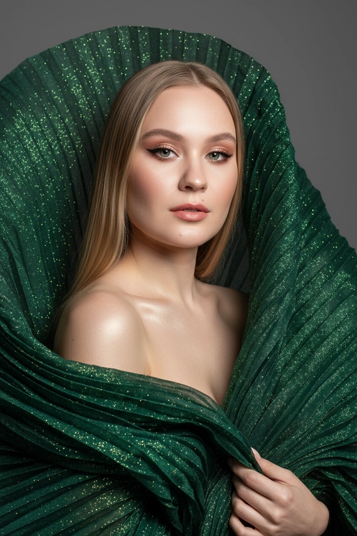    Создайте гиперреалистичный профессиональный студийный портрет женщины с волосами, уложенными на ровный пробор посередине, которые каскадом ниспадают на левое плечо (справа от зрителя) и частично скрыты за правым плечом (слева от зрителя). Камера снимается с немного низкого уровня глаз, глядя прямо на модель, охватывая ее от середины груди и выше. Голова слегка наклонена, взгляд прямой и притягательный.
Ее кожа безупречно гладкая и интенсивно сияет, словно подсвеченная мощным, сфокусированным источником света, подчеркивая мельчайшие поры и естественную текстуру кожи с сияющим, почти воздушным свечением, особенно в области декольте, плеч и верхних линий лица.

Её макияж тщательно проработан:
Глаза: чётко очерченные, ухоженные брови с заметными волосками, мягкие тени тёплых тонов (персиково-розовые и светло-коричневые) с лёгким мерцанием, чёткая чёрная подводка для глаз, создающая нежный кошачий взгляд, и идеально распущенные, объёмные ресницы, подчеркивающие каждую ресничку, с лёгким акцентом на нижних ресницах. Во внутреннем уголке глаза выделяется яркий блик. Радужки глаз отражают рассеянный студийный свет с изысканными узорами.
Щёки: лёгкий, растушёванный румянец натурального розового или персикового оттенка, изящно очерченные скулы и интенсивный, почти влажный блик на выступающих частях лица (скулы, переносица, дуга Купидона), создающий эффект увлажненности и сияния. Губы: губы нежного, естественного кораллово-розового или розово-персикового цвета с мягким атласным финишем, подчеркивающим тонкие естественные линии и текстуру губ, с лёгким бликом на дуге Купидона.

Она изящно одета в объёмную, струящуюся ткань с изящной плиссировкой, напоминающую прозрачный атлас или шёлк. Плиссированная ткань эффектно обрамляет фигуру, создавая объёмную, почти органичную форму, которая высоко поднимается за головой и огибает левое плечо (правое для зрителя), изящно струясь по груди и открывая обнажённые плечи. Материал обладает лёгким, сияющим блеском и мягкой полупрозрачностью, улавливая и отражая студийный свет, подчёркивая его роскошную текстуру и плавные движения. Складки очень детализированы, создавая глубокие тени и яркие блики, которые подчёркивают волнистую форму, а некоторые участки ткани также демонстрируют повышенную светоотражающую способность. Её правая рука (левая для зрителя) нежно касается ткани у груди, на ней видны ухоженные ногти. Освещение выполнено по принципу софтбокса, но с более сильным, концентрированным основным светом для создания интенсивного свечения, сохраняя при этом мягкие тени, которые подчёркивают черты её лица и изгибы плеч без резкости. Фон — гладкий, однотонный средне-серый, обеспечивающий чистый контраст и полностью фокусирующийся на модели. Общее впечатление — утончённая элегантность, изящество и гиперреалистичная детализация, передающая каждый нюанс её красоты, выражения лица и сложную текстуру её волос, кожи и одежды. Черты лица и особенности её внешности должны быть точно воспроизведены с референсной фотографии. Волосы прямые с легкими волнами. Акцент на глаза. Плиссированная ткань глубоко Зеленого цвета осыпанная крупными золотыми блестками