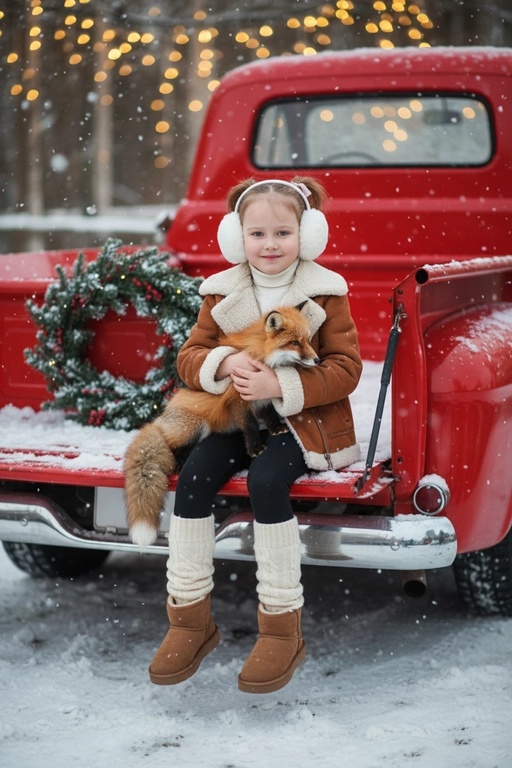 Портрет молодой женщины, сидящей на кузове винтажного красного грузовика. Девушка держит на руках животное. На ней коричневая дубленка с белой окантовкой из овчины по воротнику, манжетам и карманам, под дубленкой белый свитер с горловиной, черные лосины тканевые без блеска, на ногах укороченные, высотой до щиколоток коричнево-бежевые угги на платформе и кремовые гетры до середины икр, выглядывающие из уггов. 
Девушка смотрит в камеру, на ее лице легкая улыбка. 

На грузовике — праздничный рождественский венок. На земле лежит снег.

Мягкий снег падает. Атмосфера — реалистичная, теплая и немного кинематографичная. Сияющие рождественские огоньки и украшения создают яркую теплую атмосферу. Разрешение 8K, акцент на текстуру одежды, снег и сверкающие огоньки на заднем фоне. —ar 3:4 —v.

Не меняй черты лица.  На голове девушки белые зимние меховые наушники. Держит на руках рыжую лису