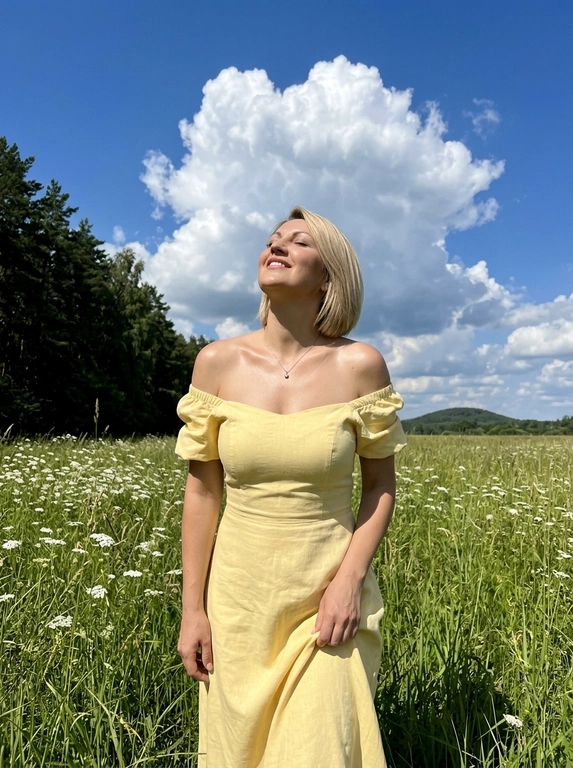 Фотореалистичное фото как из Pinterest, снято на заднюю камеру смартфона , обычный режим, без портретного режима, вертикальный кадр , натуральная экспозиция, реалистичная резкость смартфона, лёгкое естественное зерно. Без ИИ‑ретуши, без ИИ‑масок, без «пластика», без замыливания, без бьюти‑фильтров, без HDR, без агрессивного шумоподавления , видна естественная текстура кожи, ткани и травы. 
Локация: летний луговой склон с высокой зелёной травой и белыми полевыми цветами , слева тёмная кромка леса, густые деревья, вдали небольшой холм. Над головой яркое синее небо с крупным объёмным белым кучевым облаком, солнечный день.
Свет: жёсткий дневной солнечный свет сверху или сбоку, контрастные тени на траве, выраженные солнечные блики на плечах и ключицах, без пересветов.
ракурс: съёмка с уровня талии или чуть ниже, средний план примерно от середины бёдер и выше с большим количеством неба в кадре, акцент на фигуре на фоне облаков. Фокус на модели, фон слегка мягкий и  естественный, без искусственного боке.
Поза: модель стоит в траве, голова запрокинута вверх, глаза закрыты, лицо повернуто к солнцу, расслабленное мечтательное настроение. Одна рука держит край юбки, вторая опущена вдоль бедра. Минималистичные украшения: тонкая цепочка с небольшим кулоном.
Естественный макияж, натуральная кожа без глянца и без сглаживания. 

Какое будет платье?: На модели светло-жёлтое платье миди оттенка сливочного масла: открытая линия плеч, мягкий приталенный лиф, подчёркнутая талия, свободная юбка с естественными складками, матовая хлопковая или льняная ткань.