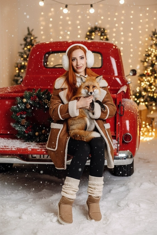 Портрет молодой женщины, сидящей на кузове винтажного красного грузовика. Девушка держит на руках животное. На ней коричневая дубленка с белой окантовкой из овчины по воротнику, манжетам и карманам, под дубленкой белый свитер с горловиной, черные лосины тканевые без блеска, на ногах укороченные, высотой до щиколоток коричнево-бежевые угги на платформе и кремовые гетры до середины икр, выглядывающие из уггов. 
Девушка смотрит в камеру, на ее лице легкая улыбка. 

На грузовике — праздничный рождественский венок. На земле лежит снег.

Мягкий снег падает. Атмосфера — реалистичная, теплая и немного кинематографичная. Сияющие рождественские огоньки и украшения создают яркую теплую атмосферу. Разрешение 8K, акцент на текстуру одежды, снег и сверкающие огоньки на заднем фоне. —ar 3:4 —v.

Не меняй черты лица.  На голове девушки белые зимние меховые наушники. Держит на руках рыжую лису