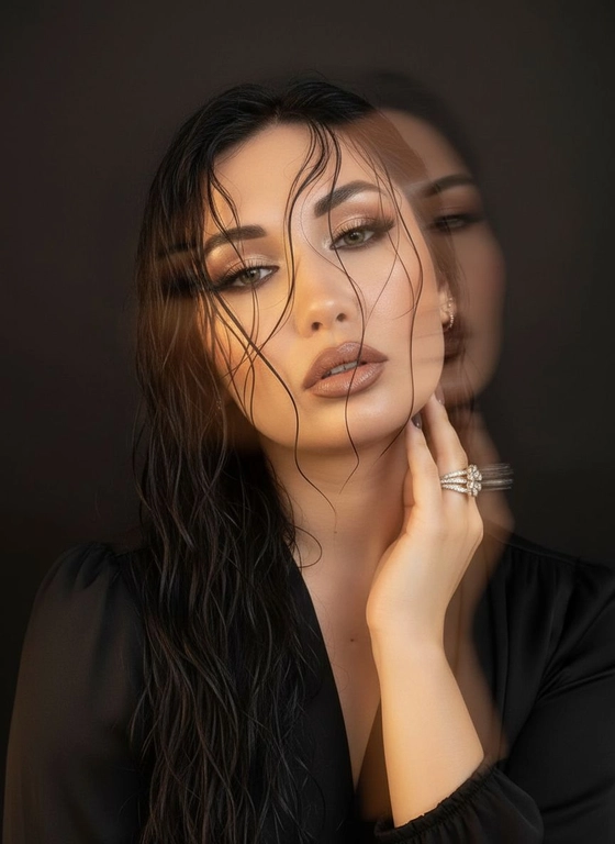 Создайте портрет женщины с длинными, волнистыми, влажными волосами, свободно ниспадающими на плечи, некоторые пряди прилипают к лицу. Она чувственно смотрит в камеру, слегка откинув голову назад, словно наслаждаясь мгновением покоя или чувственности. Её рука нежно лежит на шее, на пальце – эффектное сверкающее кольцо. Плечи опущены. Тёмный, почти однотонный и размытый фон подчёркивает силуэт и лицо женщины. Весь образ мастерски передан с помощью размытия в движении и световых бликов, которые создают ощущение естественного, сказочного движения головы и руки. Мягкие, тёплые тона, лёгкое свечение кожи и губ создают интимную, чувственную и таинственную атмосферу. Эффекты: размытие в движении, художественная длительная выдержка, тёплые тона, атмосфера сновидения. Макияж выразительный: длинные чёрные ресницы, бежевые тени с лёгким мерцанием, выразительные контуры и румяна, безупречная кожа и пухлые губы с нюдовым блеском и тёмно-коричневым карандашом для губ. Ухоженные брови с эффектом Bravenlifting. Длинные, заостренные ногти. Реалистичное фото, как будто снято на профессиональную камеру. Сохраните черты лица такими, какие они есть.