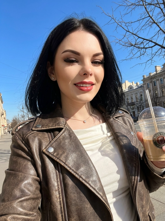 Не меняй черты лица женщины с фото. На этом ярком солнечном снимке запечатлена женщина в эстетике весенней прогулки. Фотография выполнена в формате селфи на фоне ясного голубого неба и деревьев. У неё аккуратный макияж с акцентом на сияющие губы (блеск), чётко оформленные брови, нарощенные ресницы в «лисьем» эффекте, лёгкий контуринг на скулах. На ней стильная кожаная косуха шоколадного цвета с эффектом состаренности. Под курткой виден лонгслив из вискозы с открытыми плечами и напуском молочного цвета. В ушах видны серьги-гвоздики и тонкая цепочка на шее с маленьким бриллиантом. Яркий прямой солнечный свет создаёт чёткие контрасты и подчёркивает текстуру одежды и блеск аксессуаров. Фон: чистое ярко-голубое небо без единого облака, ветви деревьев без листвы, асфальтовый тротуар, вдали красивые архитектурные здания, женщина прогуливается по улице города. Общее впечатление — позитивное прогулочное настроение. Ракурс: на вытянутой руке, снизу вверх.

Кофе в руке:  В руке пластиковый стакан кофе с трубочкой.