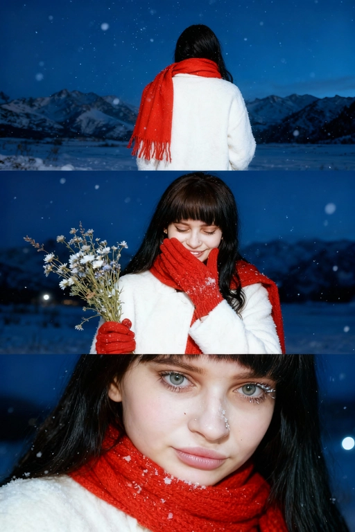 Создай коллаж не меняя черты лица. Кинематографический зимний коллаж из трёх кадров: девушка на фоне заснеженных гор и замёрзшего озера, мягкий вечерний свет, холодно, падает снег. На ней белое шерстяное пальто и ярко-красный шарф, в руках букет зимних полевых цветов. Первый кадр — со спины, её волосы и красный шарф выделяются на фоне темно-синего неба и гор; второй кадр — человек стоит на фоне темно-синего неба, улыбается, смотрит вниз, в одной руке букет, второй рукой прикрывает лицо. На руках красные вязаные перчатки. атмосфера лёгкости и свежести. на ней белое шерстяное пальто и ярко-красный шарф; третий кадр — очень крупный портрет на фоне темно-синего неба, взгляд в камеру, на ресницах снег, мягкий румянец, естественный макияж. Видно часть шарфа. Акцент на глаза. Настроение — романтичное, зимнее, немного меланхоличное, стиль — реалистичный, кинематографический, контраст белого снега и красных акцентов. Все фото сделаны ночью со вспышкой. Пленочная фотография.