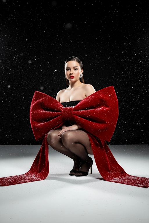 Создай изображение не меняя черты лица. Студийный портрет в стиле рождественской/новогодней модной кампании. Я в элегантной, присевшей позе, взгляд сфокусирован прямо в камеру. Огромный, гипертрофированно большой, роскошный бант из красного бархата, который обернут вокруг тела модели как кутюрный элемент одежды  с очень длинными, широкими ниспадающими концами, которые тянутся по полу. Бант и белый пол покрыты имитацией снега. Минималистичный черный топ без бретелей (bandeau) ,темные, полупрозрачные колготки, черные босоножки с открытым носом, на среднем каблуке. Гладко зачесанные назад волосы. Классический, выразительный макияж: яркая алая помада, четкие черные стрелки, хайлайтер. В ушах крупные, блестящие серьги-гвоздики.

Драматичное, контрастное студийное освещение (split lighting). Ярко освещенный белый пол/поверхность. Фон — глубокий черный, с эффектом динамично падающего яркого снега (snow dust effect).Фотография в высоком разрешении, гиперреализм, кинематографическое качество, профессиональный editorial-снимок для обложки Vogue, снято на камеру Hasselblad.