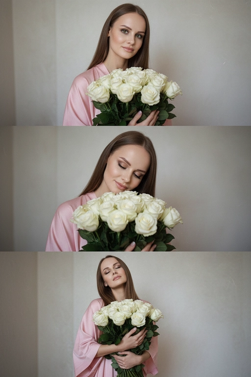 Не меняй черты лица, оставь их точь в точь как на загруженном фото, в том числе макияж и волосы.
Композиция из триптиха изображает женщину дома с цветами
На ней свободная пижама кимоно в пол нежно розового цвета.

На верхнем кадре портрет крупным планом, женщина смотрит в камеру лицо боком в руках у неё огромный букет. На заднем плане светлая стена размыты.

На центральном кадре сверхкрупный план, та же девушка, ее голова слегка наклоненная вперед, она принюхивается к букету, ее глаза закрыты, на лице легкая улыбка.  Кадр снятый с очень близкого расстояния, видно только часть огромного букета и лица  

На нижнем кадре портрет крупным планом изображена всё та же женщина, голова запрокинута вверх глаза закрыты, прижимает все тот же огромный букет к груди

Цветовая палитра приглушена, с нежными розовым, белым
Общий стиль наводит на романтику. Присутствует видимая зернистость.  Букет цветов - белые розы