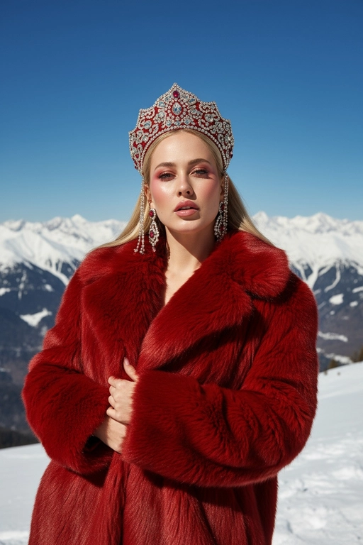 Создай портрет на открытом воздухе в стиле высокой моды, вдохновлённый редакционной фотографией Vogue. Человек элегантно позирует на фоне заснеженных гор под ярким солнечным светом. На заднем плане кинематографический альпийский пейзаж с чистым небом и свежим воздухом. Модель одета в роскошную красную шубу с плотной текстурой, украшенная детализированным ювелирным головным убором похожий на кокошник и подходящими серьгами, которые сверкают на свету. Кожа светящаяся, губы слегка приоткрыты, макияж с ярким румянцем и глянцевым финишем. Освещение яркое, насыщенное и кинематографическое, подчёркивающее контраст между красной шубой и холодными тонами заснеженных гор. Стиль: мода Vogue, высокая мода, ультрареализм, богатая цветовая палитра, разрешение 8К, естественный солнечный.