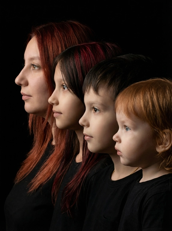 Профессиональный студийный портрет с низким контрастным светом. Головы расположены строго в одну линию. боковой профиль, взгляд влево. У всех видны только головы и немного плечи. Головы занимают весь кадр. Черный фон. Черная одежда у всех. Расположи их по убыванию возраста.не меняя лица