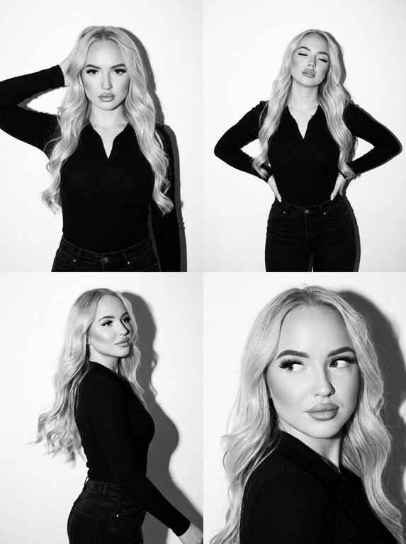 Коллаж ч/б, коллаж 2×2 из 4 ультрареалистичных фото. Стиль: ч/б, high contrast, эстетика плёнки 90-х (Pentax K1000 + Kodak Tri-X 400), заметное film grain. Свет: жёсткий студийный flash, чёткая тень на белой стене. Локация: минималистичная студия, белый фон. Модель: та же женщина (внешность не менять). Одежда: чёрный облегающий лонгслив-поло + чёрные джинсы. Макияж: matte sculpted — контуринг, пухлые губы с карандашом, густые ресницы, высокая детализация лица. Кадры: 1. верх-лево — портрет по грудь, рука за головой, прямой уверенный взгляд (Vogue 1995 vibe). 2. верх-право — план по бёдра, руки на талии, изогнутый корпус, голова назад или вбок, half-closed eyes. 3. низ-лево — полупрофиль в движении, разворот головы и корпуса, dreamy взгляд в сторону, тень профиля. 4. низ-право — close-up, голова к плечу, игривый взгляд исподлобья, фокус на глазах и губах. Не менять лицо и цвет волос. Фото сделано на iPhone 17 Pro Max со вспышкой.


Какая будет прическа?: Не изменять мою прическу