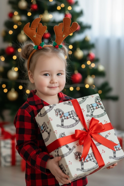 Используйте отправленную мной фотографию в качестве референса. Камера снимается немного выше уровня глаз, глядя прямо на модель, охватывая от середины груди и выше.  На изображении человек держит подарочную коробку  (размер 50х500х50 сантиметров) с крышкой, перевязанную красной лентой. На коробке нарисованные игрушечные лошадки. На фоне размытая рождественская или новогодняя елка. Лицо в три четверти (3/4), Модель в красной пижамной рубашке в клетку. Смотрит в камеру с легкой улыбкой, как будто предвкушая открыть свой подарок. 

Освещение выполнено по принципу софтбокса, но с более сильным, концентрированным основным светом для создания интенсивного свечения, сохраняя при этом мягкие тени, которые подчёркивают черты лица человека. 
Гиперреалистичная детализация, передающая каждый нюанс красоты, выражения лица и сложную текстуру волос, кожи и одежды. Атмосфера новогоднего праздника.  На голове у ребенка рождественский ободок с коричневыми оленьими рогами