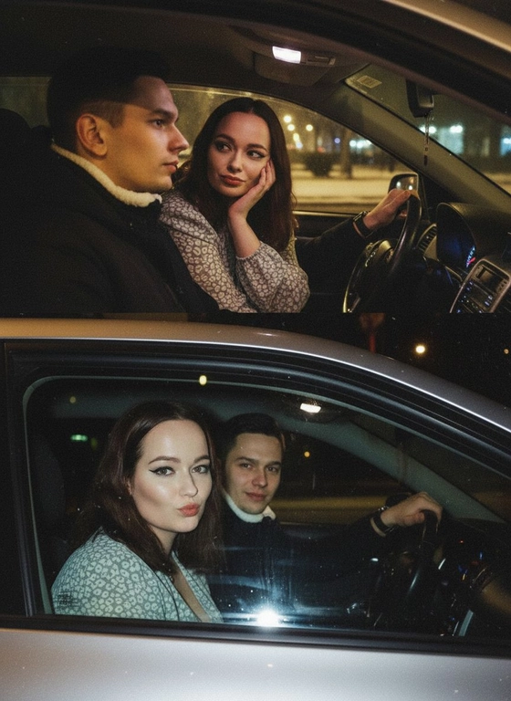 Используй предоставленные изображения и создай коллаж из двух фото, одно под другим. Первое фото сверху: Ночное фото в салоне автомобиля: мужчина за рулем смотрит вперед, его рука с часами на руке. Женщина на пассажирском сиденье, слушает его подперев щеку рукой. Съемка в стиле папарацци с эффектом зернистой пленки, атмосфера интимная. Второе фото: Девушка и парень смотрят в камеру Ночное фото папарацци крупным планом: мужчина за рулём и женщина на пассажирском сиденье смотрят в камеру. Женщина с ухмылкой и губами бантиком, мужчина слегка улыбается, положив руку на руль. Съёмка через пассажирское окно, сочетание ночного света и вспышки, эффект зернистой плёнки.