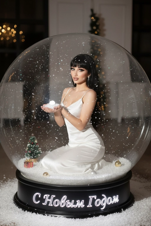 Создай женщину с легкой укладкой на волосах и ярким макияжем, позирующую внутри гигантского снежного шара.  Она стоит на коленях и держит горсть искусственного снега. Внутри шара виден небольшой рождественский ёлочный декор и падающие снежинки, а у основания светящимися буквами написано слово «С Новым Годом». Используй приложенное фото как образец. Воспроизведи моё лицо точно на 100 %. На ней белое платье-комбинация из атласа на бретельках