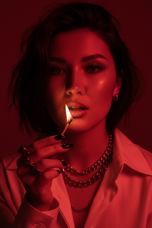 Используйте черты лица, как на прилагаемой фотографии.
смелый, кинематографичный портрет женщины, залитой темно-красным светом, которая подносит к губам зажженную спичку. Теплый отблеск пламени подчеркивает ее блестящие губы и создает эффектный отблеск на коже.
ее выражение ее лица напряженное и пленительное, обрамленное взъерошенными волосами, которые свободно ниспадают на лицо. На ней светлая рубашка и многослойные украшения, в том числе металлическая цепочка и крупные кольца. На ее длинных черных ногтях отражаются едва заметные блики света, усиливая мрачную, чувственную атмосферу. Красный фон и сдержанные тени придают глубину и визуальное напряжение, создавая эффектный образ в редакционном стиле.

Настройки камеры: iso 400, диафрагма f/2.0, выдержка затвора 1/160 сек, объектив 85 мм, ручная фокусировка, баланс белого 2800k, коррекция экспозиции -0,3 ev, подсветка одиночным пламенем с красной заливкой, минимальная зернистость, кинематографическое высококонтрастное освещение с плавными тональными переходами.