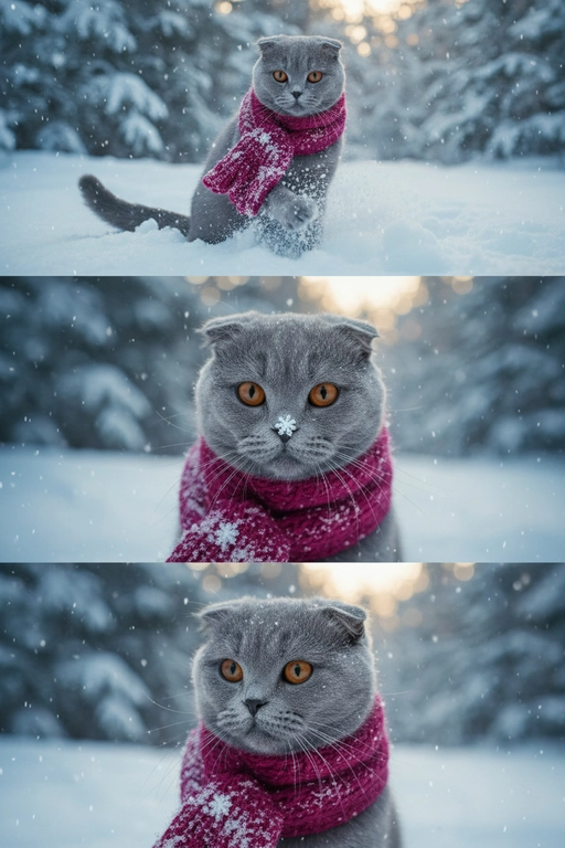     Коллаж из 3-Х фото моего питомца на зимнем фоне в снегу. Питомец в вязаном шарфе, вокруг падает снег, на заднем плане заснеженный лес.

Первый кадр — питомец в полный рост. Он играется со снегом 

Второй кадр — крупный план, увеличенный кадр мордочки питомца с одной снежинкой на носике. Мордочка питомца занимает весь кадр, взгляд прямо в камеру 
 
Третий кадр - портрет питомца, он смотрит в левую сторону. На фото виден шарф, на шарфу есть снежинки 

Три кадра объединены в вертикальный коллаж в едином тоне и свете. Атмосфера — реалистичная, теплая и немного кинематографичная.
Свет мягкий, утренний.  Цвет шарфа - фуксия