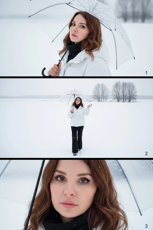 Создай вертикальный кадр, разделённый на три горизонтальных изображения одинакового размера, расположенных рядом. Главный персонаж основан на референсном лице, причёске и фигуре: фигура с выражением грусти и ностальгии, с глубокими глазами, излучающими одиночество. Наряд представляет собой свободный белый зимний пуховик, широкие брюки и чёрный шарф. Общая атмосфера утопает в белом снеге, холодная цветовая палитра навевает меланхолию и одиночество. Изображение 1 (портрет): Персонаж держит прозрачный зонт, слегка откинув голову назад и глядя прямо в кадр через плечо. Выражение лица печальное, взгляд проникновенный. Фон размыт снежной белизной. Изображение 2 (в полный рост): Персонаж с зонтом стоит один на бескрайнем заснеженном поле, идя и глядя в небо. Камера направлена ​​сверху вниз, как будто персонаж поднимает руку, чтобы поймать падающие снежинки. Вдали виднеются несколько голых деревьев без листьев. Сцена передаёт ощущение ничтожности и изолированности на фоне бескрайности природы. Изображение 3 (крупный план): Увеличенный кадр глаз персонажа с отстранённым, печальным взглядом, вызывающим чувство одиночества и тоски.