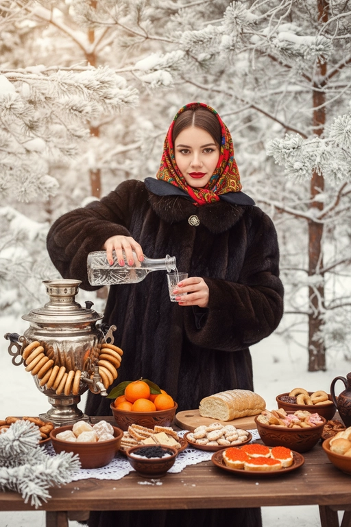  Создай насыщенный, атмосферный, зимний портрет на улице. Я нахожусь в заснеженном лесу, окруженном елями, и стою за столом, накрытым для традиционного чаепития. На мне надета большая, пушистая, роскошная, дорогая, шуба из натурального баргузинского соболя, яркий русский платок (павлопосадский платок) красного цвета, повязанный на голову, с акцентом на красной помаде. Я смотрю в камеру .На столе стоит старинный серебряный самовар, украшенный связками золотистых баранок, а также миски с мандаринами, русскими сладостями, бутерброды с красной икрой, черная икра в маленькой миске, нарезанный батон.
Зимний лес, всё покрыто инеем и мягким снегом. Качество: реалистичная фотография, кинематографический свет, мягкое боке, теплый тон, детальная проработка меха и узоров на платке.
  Правой рукой я наливаю прозрачную жидкость из большой хрустальной бутылки в маленький стеклянный бокал. 