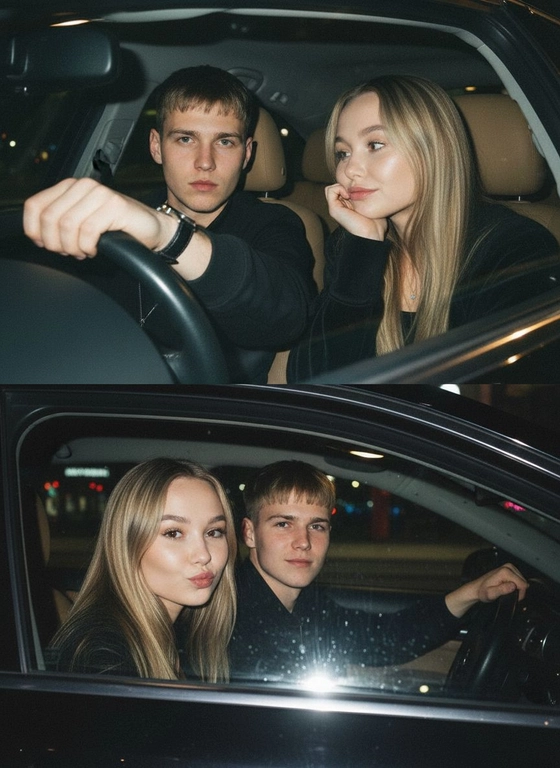 Используй предоставленные изображения и создай коллаж из двух фото, одно под другим. Первое фото сверху: Ночное фото в салоне автомобиля: мужчина за рулем смотрит вперед, его рука с часами на руке. Женщина на пассажирском сиденье, слушает его подперев щеку рукой. Съемка в стиле папарацци с эффектом зернистой пленки, атмосфера интимная. Второе фото: Девушка и парень смотрят в камеру Ночное фото папарацци крупным планом: мужчина за рулём и женщина на пассажирском сиденье смотрят в камеру. Женщина с ухмылкой и губами бантиком, мужчина слегка улыбается, положив руку на руль. Съёмка через пассажирское окно, сочетание ночного света и вспышки, эффект зернистой плёнки.