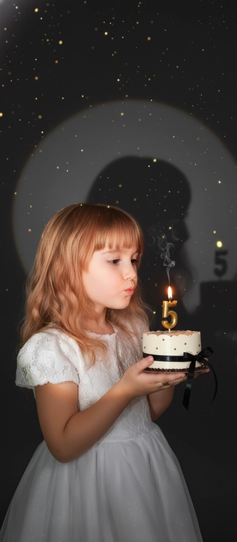 Фотореалистичный портрет женщины с точно таким же лицом, чертами, выражением и цветом волос, как на исходной фотографии - ничего не изменять. Атмосфера - день рождения: мягкий блеск свечи отражается на её лице, в воздухе лёгкие золотистые блёстки, создающие праздничное сияние. Фон темно-серый. Освещение студийное, контрастное, с кругом света на фоне, создающим выразительную тень. Волосы - волнистые, мягко подсвечены. Она немного стоит полубоком. Женщина держит в руках маленький праздничный торт, украшенным чёрными лентами и изящной цифрой из золотых свечей; Она сдувает свечу. Девочка одета в белое пышное платье. Свечки в виде цифр 5