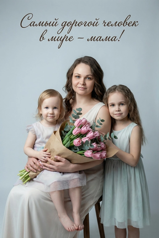 Создай трогательный кадр из профессиональной фотосессии в студии, где запечатлен момент близости матери и ее ребенка/детей. Дети могут быть как взрослыми так и детьми, в зависимости от предоставленных фото. Сделай так, чтобы все они смотрелись гармонично и трогательно. Мама одета в светлое платье. Ее дети/ребенок одеты в подходящую по стилю фотосессии. Освещение холодное. Фон светлый, бесшовный. Фото в стиле Энни Лейбовиц, четкий фокус. У мамы в руках букет розовых тюльпанов и эвкалипта в крафтовой бумаге. Люди смотрят в камеру с мягкой улыбкой. Наверху поверх фото красивым рукописным шрифтом с завитками написано:  Самый дорогой человек в мире – мама!