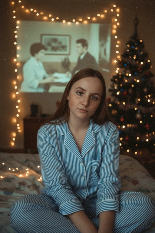 Атмосферный портрет человека, сидящий на кровати в уютной комнате. Не меняй черты лица ни на 1%. Человек смотрит в камеру. На человеке хлопковая голубая пижама в белую полоску. 
Теплое освещение от мерцающих гирлянд и рождественской ёлки. На заднем плане - проекция с фильмом или мультфильмом создающая нотку ностальгии.
Кинематографичный кадр, малая глубина резкости, волшебная и уютная атмосфера. Фото в стиле 90-х, ретро -фильтр. Зернистость Фильм - СССР "Москва слезам не верит".