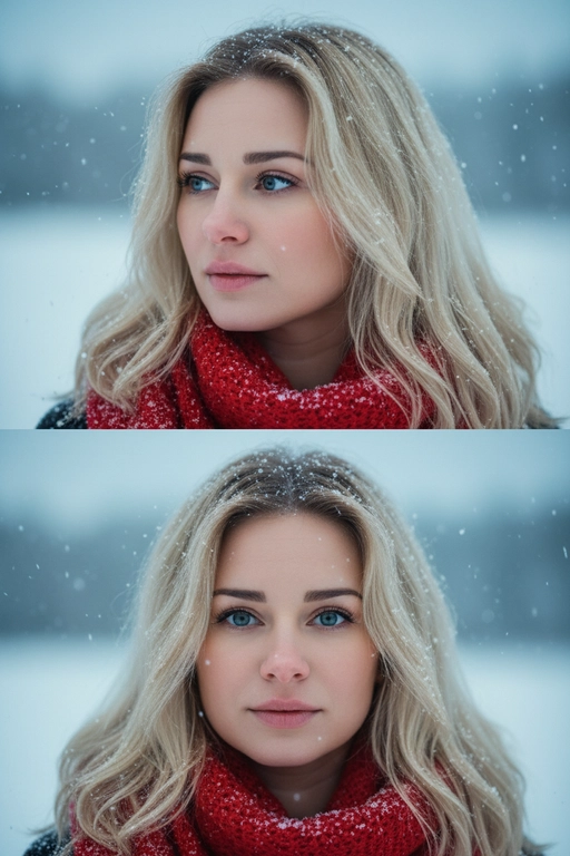 Создай коллаж из двух кадров человека, снятых крупным планом на улице зимой. Камера расположена близко, чтобы в кадре были видны лицо, шея и часть одежды. Главный акцент — на лице, глазах и снежинках, которые легли на волосы и ресницы.

Освещение мягкое, естественное, как в пасмурный зимний день. Вокруг падает лёгкий снег, отдельные снежинки чётко видны в воздухе и на коже. Фон — мягко размытый, с холодными оттенками (бело-голубой, серо-синий).

Первый кадр — человек смотрит в сторону, выражение мягкое, задумчивое, естественное. Крупный план лица, видно часть красного шарфа.
Второй кадр — прямой взгляд в камеру, нейтральное или лёгкое выражение лица, ресницы в снегу. Крупный план лица, видно часть красного шарфа.

Кожа чистая и естественная, без ретуши, текстура лица и губ сохранена. Фото выглядят как профессиональная зимняя портретная съёмка крупным планом, с эффектом свежести и спокойствия.

Оба кадра объединены в вертикальный коллаж в едином тоне и свете. Атмосфера — реалистичная, теплая и немного кинематографичная.