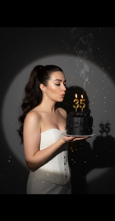 Фотореалистичный портрет женщины с точно таким же лицом, чертами, выражением и цветом волос, как на исходной фотографии - ничего не изменять. Атмосфера - день рождения: мягкий блеск свечи отражается на её лице, в воздухе лёгкие золотистые блёстки, создающие праздничное сияние. Фон темно-серый. Освещение студийное, контрастное, с кругом света на фоне, создающим выразительную тень. Волосы - волнистые, мягко подсвечены. Она немного стоит полубоком. Женщина держит в руках маленький праздничный торт, украшенным чёрными лентами и изящной цифрой из золотых свечей; Она сдувает свечу. Она одета в белое корсетное платье без рукавов. Свечки в виде цифр 35.Волосы темные длинные хвост .Без челки.