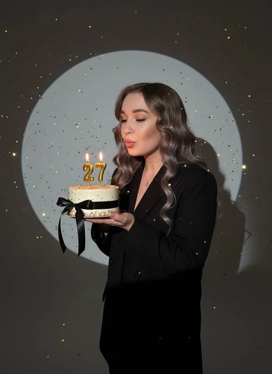 Фотореалистичный портрет женщины с точно таким же лицом, чертами, выражением и цветом волос, как на исходной фотографии - ничего не изменять. Атмосфера - день рождения: мягкий блеск свечи отражается на её лице, в воздухе лёгкие золотистые блёстки, создающие праздничное сияние. Фон темно-серый. Освещение студийное, контрастное, с кругом света на фоне, создающим выразительную тень. Волосы - волнистые, мягко подсвечены. Она немного стоит полубоком. Женщина держит в руках маленький праздничный торт, украшенным чёрными лентами и изящной цифрой из золотых свечей; Она сдувает свечу. Она одета в костюм с пиджаком. Свечки в виде цифр 27
