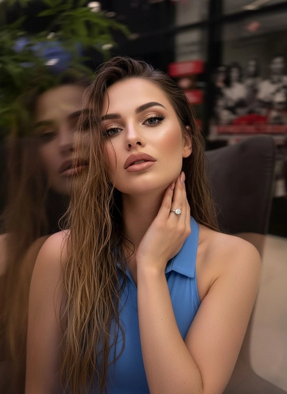 Создайте портрет женщины с длинными, волнистыми, влажными волосами, свободно ниспадающими на плечи, некоторые пряди прилипают к лицу. Она чувственно смотрит в камеру, слегка откинув голову назад, словно наслаждаясь мгновением покоя или чувственности. Её рука нежно лежит на шее, на пальце – эффектное сверкающее кольцо. Плечи опущены. Тёмный, почти однотонный и размытый фон подчёркивает силуэт и лицо женщины. Весь образ мастерски передан с помощью размытия в движении и световых бликов, которые создают ощущение естественного, сказочного движения головы и руки. Мягкие, тёплые тона, лёгкое свечение кожи и губ создают интимную, чувственную и таинственную атмосферу. Эффекты: размытие в движении, художественная длительная выдержка, тёплые тона, атмосфера сновидения. Макияж выразительный: длинные чёрные ресницы, бежевые тени с лёгким мерцанием, выразительные контуры и румяна, безупречная кожа и пухлые губы с нюдовым блеском и тёмно-коричневым карандашом для губ. Ухоженные брови с эффектом Bravenlifting. Длинные, заостренные ногти. Реалистичное фото, как будто снято на профессиональную камеру. Сохраните черты лица такими, какие они есть.