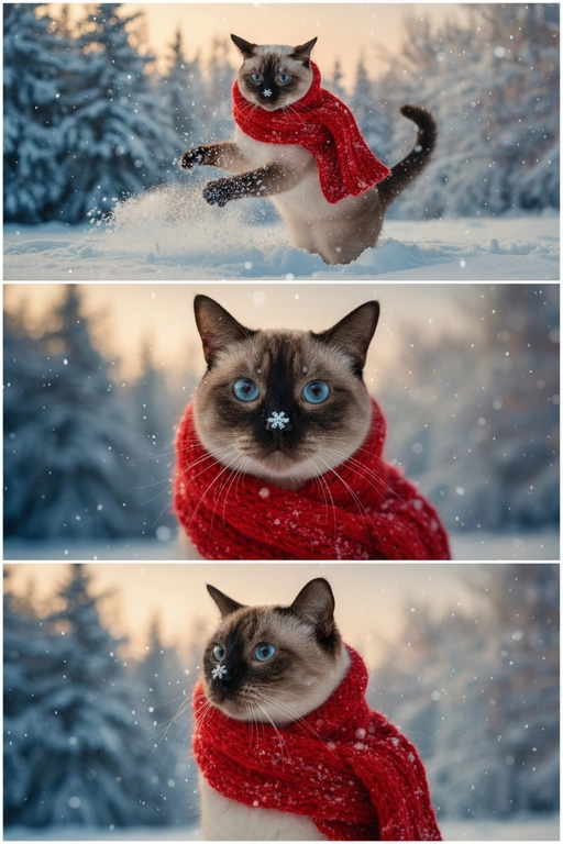     Коллаж из 3-Х фото моего питомца на зимнем фоне в снегу. Питомец в вязаном шарфе, вокруг падает снег, на заднем плане заснеженный лес.

Первый кадр — питомец в полный рост. Он играется со снегом 

Второй кадр — крупный план, увеличенный кадр мордочки питомца с одной снежинкой на носике. Мордочка питомца занимает весь кадр, взгляд прямо в камеру 
 
Третий кадр - портрет питомца, он смотрит в левую сторону. На фото виден шарф, на шарфу есть снежинки 

Три кадра объединены в вертикальный коллаж в едином тоне и свете. Атмосфера — реалистичная, теплая и немного кинематографичная.
Свет мягкий, утренний.  Цвет шарфа - красный 