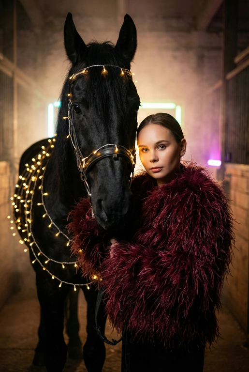 Создай крупный портрет, не меняя черты лица. Фотография в стиле высокой моды. Женщина, одетая шубу из пера страуса. Она стоит рядом с вороной лошадью, которая полностью обвита светящимися теплым светом гирляндами. Гирлянда также идет поверх узды.  Освещение драматичное, кинематографичное, с  неоновым свечением и легкой дымкой на заднем плане в конюшне . Высокая детализация, 8k, профессиональная съемка. Лицо девушки освещено мягким теплым светом. Глубокие тени, туман, мистическая и сюрреалистичная атмосфера. Фото на камеру 35mm, малая глубина резкости. Цвет шубы - бордовый