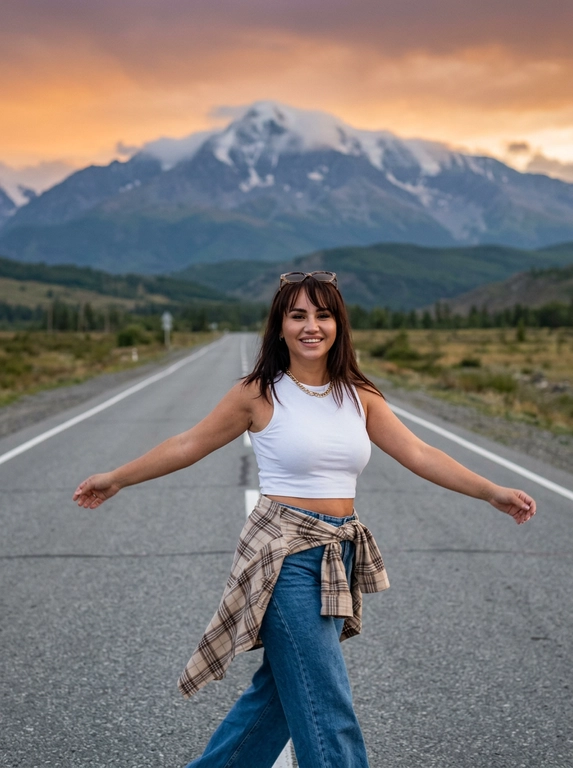 На снимке изображен живописный вечерний вид, в котором доминирует величественная гора Алтая с вершиной, возвышающаяся под небом на закате ( преобладают оранжево пурпурные оттенки ) Гора вырисовывается на заднем плане, демонстрируя нетронутый природный покров с замысловатыми узорами и вершиной покрытой туманными облаками.
На переднем плане близко модель в пол оборота, словно бежит по длинной пустынной дороге, которая тянется прямо к горе и исчезает у подножия, дорога с разметкой, вокруг природа как на Алтае. Модель одета в укорочению белую майку без рукавов, в широкие джинсы с высокой посадкой, бежево/коричневая клетчатая рубашка повязана на бедрах, на ней стильные солнцезащитные очки, модель раскинула руки, словно обнимая обширный и безмятежный пейзаж. Ее поза создает ощущение свободы и счастья в моменте. Близкий кадр по пояс, высокая детализация и качество кожи и текстур.
Кадр случайный и сырой, словно в движении.