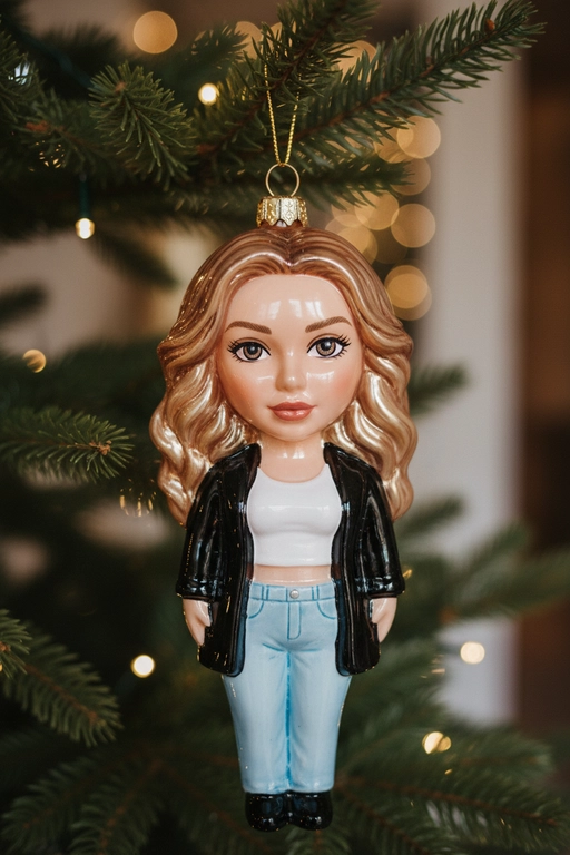 Создайте ёлочное украшение в виде мини-фигурки персонажа с моей фотографии: выдувное стекло, глянцевая лакированная поверхность, яркие чистые цвета, блики и немного прозрачности. Постарайтесь максимально приблизить черты лица и причёску, сделайте голову крупнее, а тело — меньше, в милом игрушечном стиле. Добавьте золотую петельку для подвешивания и повесьте украшение на ёлочную ветку с мягкими гирляндами боке и тёплой праздничной подсветкой на заднем плане.  Если на моей фотографии несколько человек, то сделай несколько игрушек, висящих рядом.