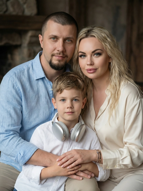   Создано с помощью сервиса Создать фото в режиме P
Устрой троим фотосессию семейную,не меняй черты лица . Мягкий фокус на руках и лицах. Освещение холодное. Фото в стиле энни лейбовец, четкий фокус. Фото реалистичное в 7к. Одеты они в разные рубашки светлых оттенков подходящие по стилю. На них так же надеты аксессуары. Серьги средних размеров, браслеты.
