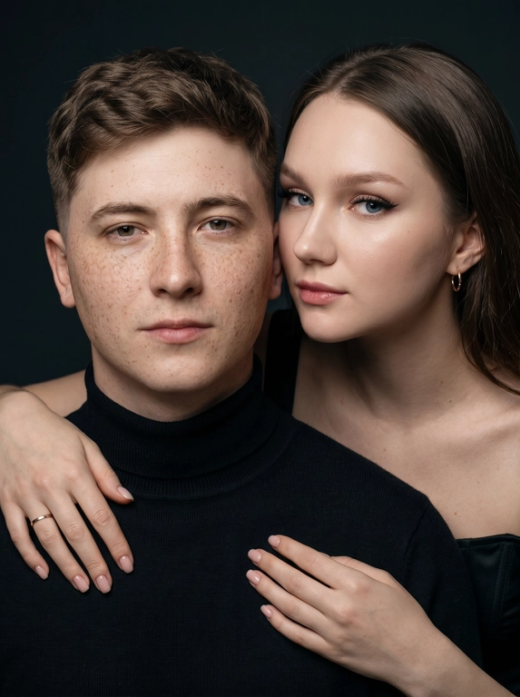 Гиперреалистичный студийный fashion-портрет молодой пары по загруженному референсу, 100% сходство лиц. Черты лица не изменять. Крупный план, кадр по плечи. Мужчина, спокойный уверенный взгляд прямо в камеру, естественное выражение лица, одет в черный трикотажный свитер с высоким воротом. Женщина стоит позади мужчины и нежно обнимает его, ее руки лежат на его плечах. Ее лицо расположено рядом с его лицом, она повернута слегка боком, голова немного наклонена вперед, взгляд направлен прямо в камеру. У женщины выразительные глаза с длинными густыми черными ресницами, естественный clean-glam макияж, натуральные брови, теплый оливковый оттенок кожи, небольшие серьги-кольца. Композиция плотная и интимная, их лица расположены очень близко друг к другу, современный модный портрет пары. Женщина одета в черный корсет. Кожа максимально натуральная: живая текстура кожи, видимые микропоры, subtle skin glow, естественный мягкий блеск кожи, natural skin microtexture, skin translucency, micro skin details, легкие естественные несовершенства кожи, без ретуши и без эффекта пластика. Освещение: мягкий студийный beauty lighting, рассеянный ключевой свет спереди и немного сбоку, мягкие глубокие тени для объема лица, деликатные световые блики на коже. Фон: глубокий темный студийный фон, темно-графитовый или почти черный, создающий контраст с кожей и лицами. Стиль: luxury fashion editorial photography, high fashion portrait, ultra photorealistic, 85mm portrait lens, shallow depth of field, creamy bokeh, cinematic soft lighting, RAW photo, extremely detailed, fine hair strands, natural skin pores, professional photography, photorealism, 8k, high dynamic range.