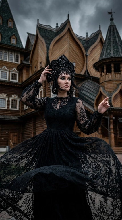 Фотореалистичный кинематографичный портрет. Женщина в образе славянской княжны стоит на фоне роскошного деревянного дворца царя Алексея Михайловича в Коломенском, с богато украшенными резными фасадами, башнями, теремами, фигурными крышами и исторической русской архитектурой XVII века. Съемка с нижней точки немного снизу вверх, крупный план до колен, камера расположена на уровне талии модели. Женщина повернута корпусом на три четверти, одна рука изящно поднята к кокошнику, вторая плавно отведена в сторону, создавая ощущение движения. На ней длинное черное кружевное платье с полупрозрачными рукавами и объемной струящейся юбкой, развевающуюся ветром, роскошный черный расшитый кокошник с бисером и декоративными подвесками. Волосы развеваются ветром. Выражение лица задумчивое и немного таинственное, взгляд направлен в сторону. Макияж выразительный и драматичный: идеально ровная матовая кожа, холодный скульптурирующий контуринг, глубокие дымчатые smoky eyes в серо-черной гамме, длинные густые ресницы, четко оформленные брови, матовые нюдово-розовые губы. Пасмурное предгрозовое небо, атмосферный ветер, развевающий волосы и кружево платья. Темная кинематографичная цветокоррекция с глубокими тенями, холодными графитовыми и темно-коричневыми оттенками, приглушенной палитрой, высокой детализацией дерева, резьбы и тканей. Небольшая глубина резкости, мягкое боке, объектив 85mm, f/1.8, профессиональная fashion-съемка в эстетике dark russian fairytale, gothic princess, ultra realistic, cinematic atmosphere, high detail.
