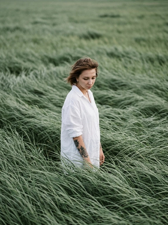 Create cinematic, atmospheric editorial portrait using the attached photo as the exact face and identity reference. A solitary model stands alone in the middle of vast wind-swept sage green grass fields. Tall grass surrounds the subject completely, flowing in strong currents like ocean waves, partially occurring the body did creduns mononaepin dna soutude. the subject wedis c simple, loose white shirt that softly contrasts with the rich green landscape hair is slightly messy, with natural strands moving in the wind. The head is gently tilted downward, eyes cast toward the ground, conveying a quiet introspective, melancholic mood. Expression is calm, distant, and emotionally restrained. Compose the frame slightly off-center, from a subtle elevated angle.
No visible horizon, the frame is fully immersed in grass texture. Use a muted natural palette of sage green, deep olive, and soft off-white. Shoot telephoto perspective, shallow depth of field, cinematic framing. Film photography destek with visible grain, soit edge tallon, atmospheric wind driven motion blur in the grass. Quiet, poetic storytelling: ultra-detail natural magazine-cover editorial quality. No text, no watermark.