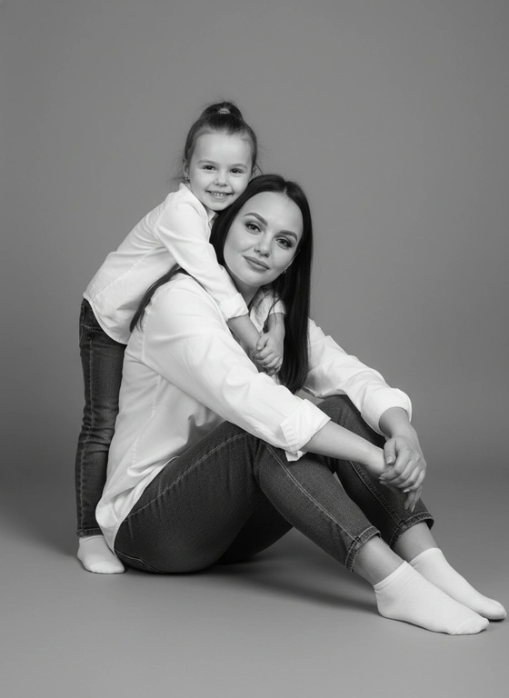 Не меняя черты лица. Это стилизованное под ретро черно-белое фото, похожее на кадр из фотосессии. Снимок сделан в студии на нейтральном сером фоне.
На переднем плане изображена женщина, сидящая на полу, слегка наклонившись вперед. Ее ноги согнуты в коленях и развернуты вправо. На ней надета свободная белая рубашка с закатанными рукавами и темные джинсы. На ногах - белые носки.

За спиной женщины стоит ребенок, девочка. Он обнимает женщину за шею. На ребенке надета белая рубашка и темные джинсы. На ногах - белые носки . 

Оба, и женщина, и ребенок, смотрят в камеру и улыбаются. Атмосфера на фотографии теплая и трогательная. Освещение мягкое и равномерное.