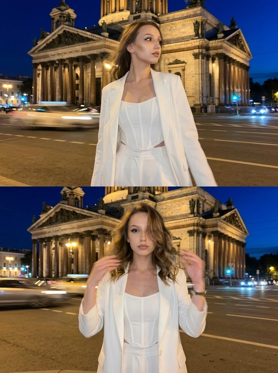 Ультрареалистиное цветное фото снятое на Iphone 17 pro. вертикальный коллаж из двух сильно смазанных motion blur ночных кадров, разделённых горизонтальной линией пополам. Любительское фото на смартфон. На обоих кадрах человек стоит на проезжей части напротив крупного классического собора с колоннами, съёмка с уровня груди, лёгкий нижний ракурс, фон архитектура освещена тёплыми уличными прожекторами, небо глубокое синее, синие и жёлтые огни города, размытые следы машин и фар.

Верхний кадр: композиция по пояс, корпус в лёгком развороте вправо, плечо ближе к камере, лицо в полу-профиль, подбородок немного приподнят, взгляд направлен чуть в сторону. Руки вдоль тела, одна рука частично вне кадра. Волосы чуть растрёпаны ветром, пряди обрамляют лицо. Макияж вечерний: ровный тон кожи, мягкий  контуринг, тени на веках, подчёркнутые стрелки, длинные ресницы, аккуратные брови, губы с сатиновым финишем. 

Нижний кадр: кадр по бёдра, фронтальный ракурс, корпус прямо к камере, осанка ровная. Обе руки подняты до уровня груди, в движении — размытые кисти у прядей волос, создавая сильный motion blur. Волосы теми же мягкими волнами, частично закрывают одну сторону лица. Макияж аналогичный верхнему кадру. На запястье заметны часы или браслет. Освещение: смешанное — тёплый свет фонарей и фасадной подсветки на коже и платье, лёгкий холодный оттенок синего неба, мягкие тени, яркие блики на волосах и архитектуре. Лёгкая цифровая шумность, без заметных фильтров, естественная цветопередача.

Какая будет одежда?: На модели белый приталенный костюм: свободный пиджак, корсетный топ и брюки с высокой посадкой. Образ выглядит городским, стильным и дорогим, добавляя кадру fashion-вайб ночной съёмки на улице.
