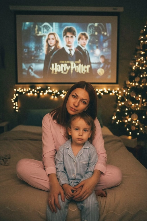 Атмосферный портрет человека, сидящий на кровати в уютной комнате. Не меняй черты лица ни на 1%. Человек смотрит в камеру. На человеке хлопковая голубая пижама в белую полоску. 
Теплое освещение от мерцающих гирлянд и рождественской ёлки. На заднем плане - проекция с фильмом или мультфильмом создающая нотку ностальгии.
Кинематографичный кадр, малая глубина резкости, волшебная и уютная атмосфера. Фото в стиле 90-х, ретро -фильтр. Зернистость Фильм - Warner Bros. "Гарри Поттер". Мама в розовой пижаме сын в голубой пижаме