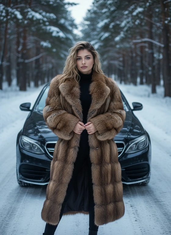 Создай, не меняя черты лица. Реалистичный снимок, высокая детализация лица, кадр на заснеженной лесной дороге при холодном мягком зимнем освещении, подчёркивающем контраст суровой природы и гламура.  
Портретная съёмка. Женщина стоит у машины, смотрит в камеру. На ней чёрный облегающий комбинезон с длинными рукавами и высоким горлом, длинная, объёмная, натуральная меховая шуба коричневого цвета с фактурой, руки перед собой. Свет и тени акцентируют линии тела и стройность позы, мощная машина на фоне сочетает индустриальную холодность с природной суровостью. Снег покрывает землю, создавая контраст тепла меха и мороза, придавая атмосфере таинственность и силу. Цвета — приглушённые тёмные и естественные с акцентом на чёрное и коричневое, как кадр из кинематографичного модного фотопроекта, фотореалистичное, высокая текстурная детализация, 4К. Сзади автомобиль Mercedes‑Benz 220d