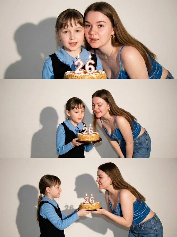Вертикальный коллаж из трёх фотографий в эстетике 2000-х и Y2K фотосессия проходит в минималистичной студии на нейтральном светлом фоне жёсткое прямое освещение от вспышки создаёт резкие тени на стене позади и лёгкий эффект пересвета характерный для цифровых камер начала 2000-х на фотографиях взрослая модель и её детская версия маленький ребёнок взаимодействуют друг с другом это один и тот же человек в разном возрасте первая фотография крупный план взрослая модель и ребёнок стоят очень близко к камере ребёнок держит праздничный торт со свечами в форме цифры взрослая модель слегка наклоняется к торту они оба смотрят в камеру выражение лица живое и эмоциональное вторая фотография общий план в полный рост ребёнок и взрослая модель вместе наклоняются и задувают свечи на торте ребёнок с интересом и радостью смотрит на огоньки свечей третья фотография средний план ребёнок протягивает торт взрослой модели будто предлагает задуть свечи взрослая модель наклоняется ближе они улыбаются и взаимодействуют друг с другом атмосфера тёплая ностальгическая с ощущением воспоминания и времени на каждой фотографии на торте свечи в форме цифр композиция минималистичная с акцентом на взаимодействие винтажная цифровая текстура лёгкая зернистость мягкая размытость лёгкий гламурный оттенок начала 2000-х фотореалистичный стиль



Какая будет цифра: На торте свечи в виде цифры 26.